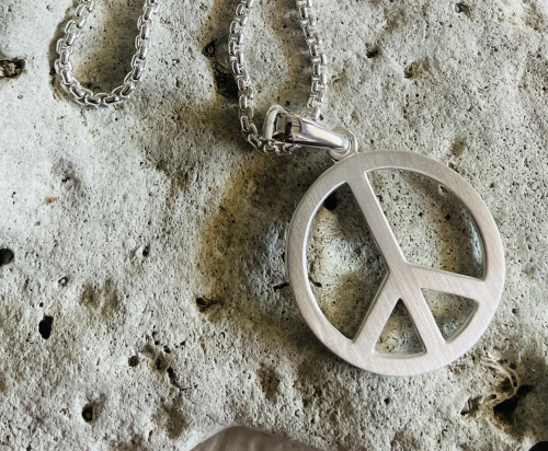 Edelstahl Anhänger Peace Frieden Silber Rolokette Ca. 60cm